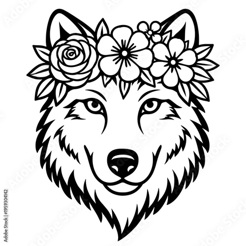Majestic Wolf Head Wearing A Floral Crown, Wild Animal Portrait With Roses And Daisies, Nature Spirit Wildlife Illustration, Animal Art