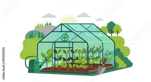 Greenhouse with young plants growing inside.