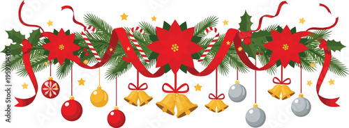 Vintage Hand Sketched Christmas Garland Swag Vector Featuring Evergreen Fir Poinsettias Golden Bells and Festive Ornaments with Etched Texture for Holiday Graphic Designs