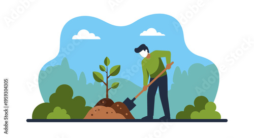 Man planting a small tree in the ground with a shovel.