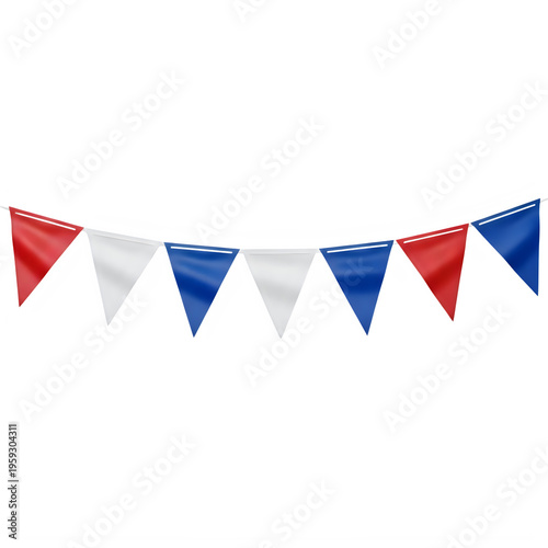 Colorful triangular pennant bunting in red, white, and blue isolated on transparent background

