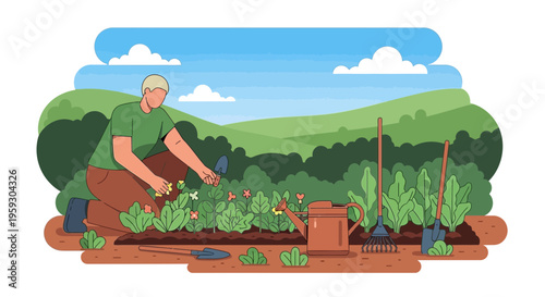 Man tending to a vibrant garden with lush green plants.