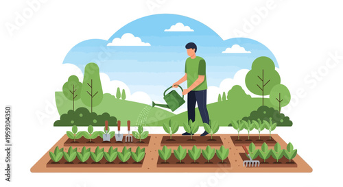 Man watering plants in a garden with a watering can 1.