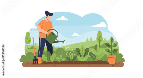 Man watering plants in a garden with a watering can.