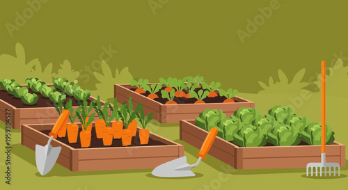 Raised Garden Beds with Fresh Vegetables and Gardening Tools 1.