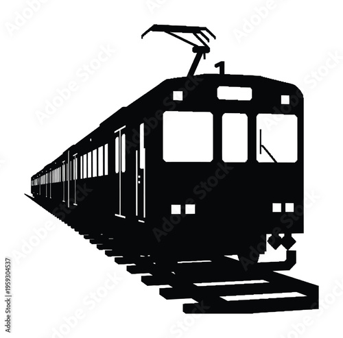 Black silhouette vector of a sleek electric train on tracks with a pantograph