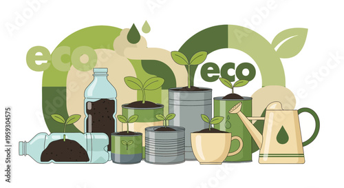 Recycling and planting concept with ecofriendly elements.