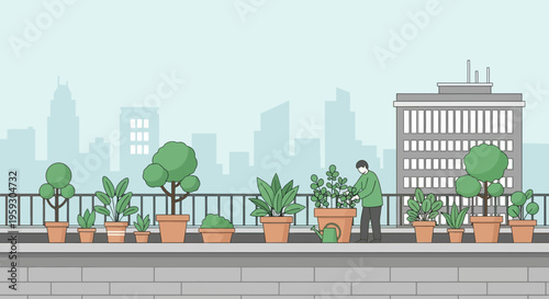 Urban Rooftop Garden with Person Tending Plants.