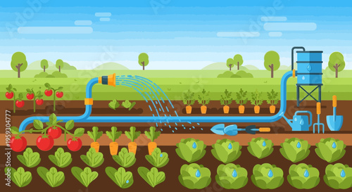 Vegetable Garden Irrigation System Watering Crops.