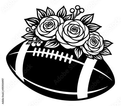 American Football Ball Decorated With Elegant Roses And Floral Elements, Feminine Sports Design For Fans And Team Spirit
