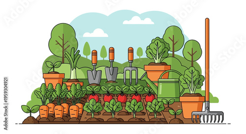 Vibrant Garden Scene With Fresh Vegetables and Tools.