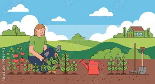 Woman tending to plants in a garden setting.