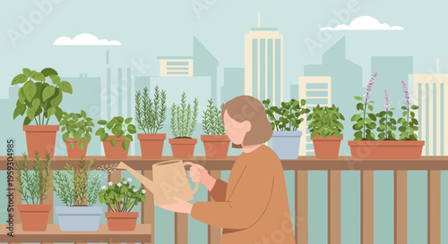 Woman tending to balcony garden with watering can.