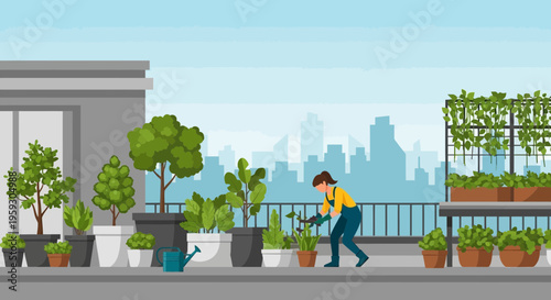 Woman tending to rooftop garden plants with watering can.