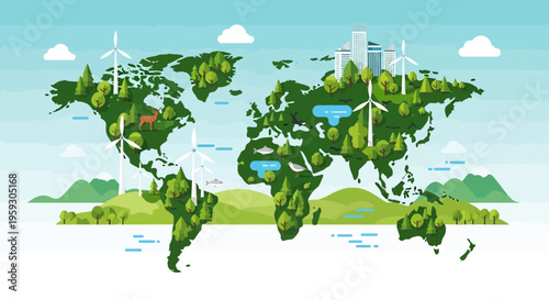 World Map Green Planet Ecosystem Renewable Energy.