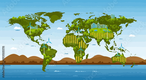 World Map Illustrating Green Energy and Sustainable Practices.