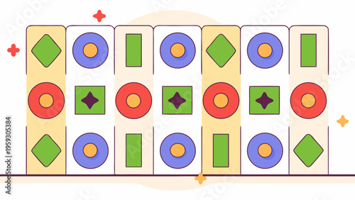 A vibrant digital illustration showcasing a repetitive grid pattern filled with diverse colorful geometric shapes like circles, diamonds, and rectangles.