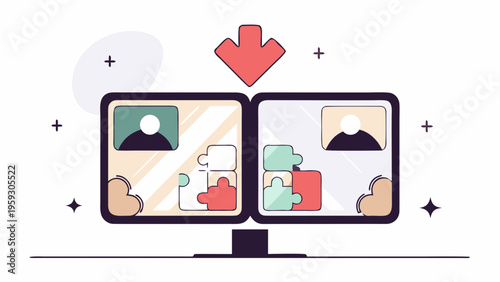 Illustration depicting two separate video conference screens merging puzzle pieces together symbolizing online collaboration and digital connection