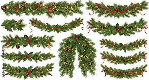 Vintage Hand Sketched Christmas Evergreen Garland and Holly Swag Vector Set Featuring Pine Branches Pinecones and Winter Berries with Etched Texture for Holiday Graphic Designs