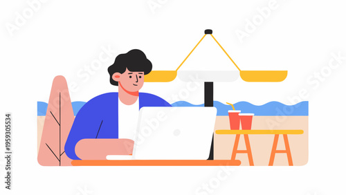 Young professional working remotely on a laptop while enjoying a sunny day under an umbrella near the ocean waves