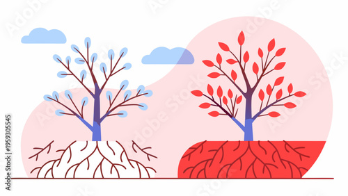 Abstract depiction comparing a dormant winter tree with bare branches against a vibrant flourishing autumn tree showing full red foliage