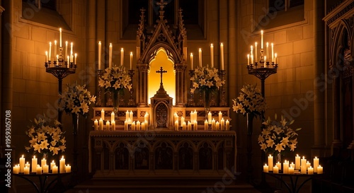 Beautifully Lit Church Altar with Many Candles and Flowers.
