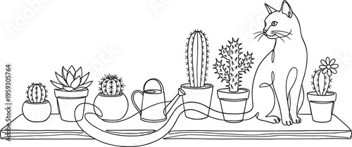 One continuous line drawing of cat sitting on shelf with potted cactus plants and watering can vector,
