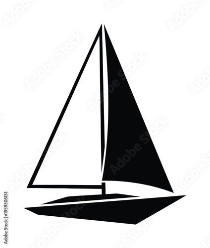 Vector silhouette of a sailboat with two triangular sails gliding on the water.