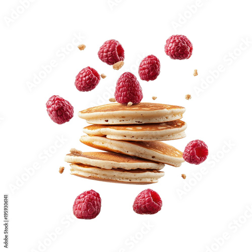 Raspberry pancakes flying and isolated on a white background, adding a playful and dynamic effect. cutout PNG