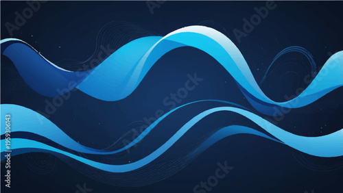 An abstract blue wave background features a flowing water pattern with curved lines and a swirl motion, creating a light vector illustration for a modern sea-inspired wallpaper design
