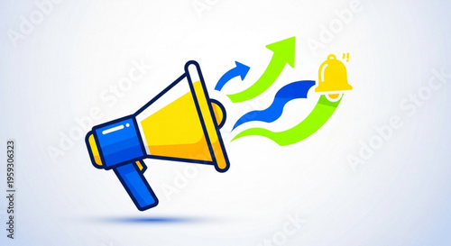 Megaphone with arrows and bell notification symbol for announcement and alert