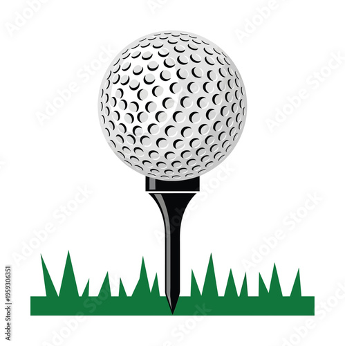 White vector golf ball resting on a black tee above green grass blades