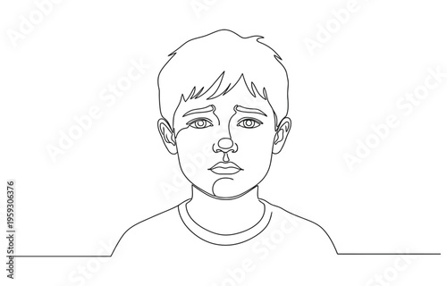 Continuous one line drawing of a melancholic young boy sitting in deep contemplation.