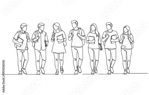 One continuous line drawing of female student standing with backpack on her back & holding books in her hand.