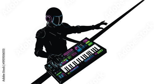 Futuristic musician in sleek black suit plays vibrant neon synthesizer