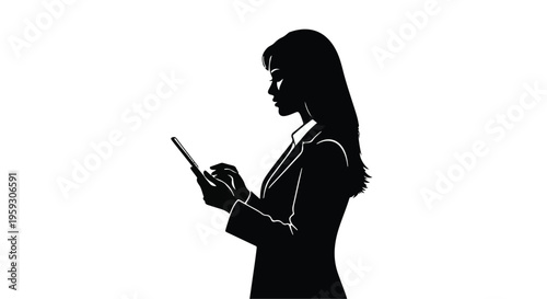 Silhouette of a woman in a suit using a tablet, symbolizing technology and professionalism.