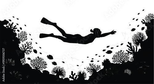 Silhouette of a person free diving among vibrant coral reefs and small fish in clear water.