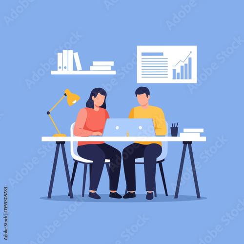 Two colleagues collaborate on a laptop at a shared office desk on blue background