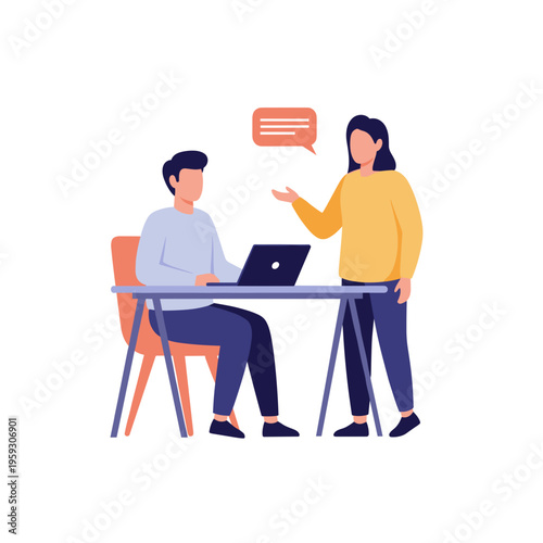 Businesswoman discusses data with colleague at desk on white background