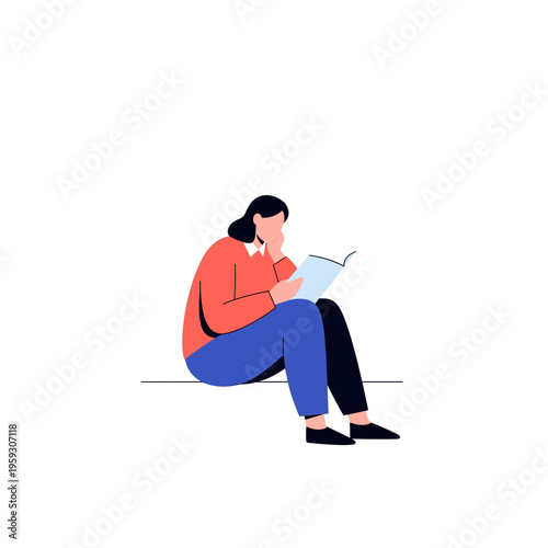 Young woman sitting and reading a book while on phone call on white background