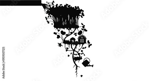 Whimsical silhouette of a fantastical village nestled in a vibrant, overgrown tree