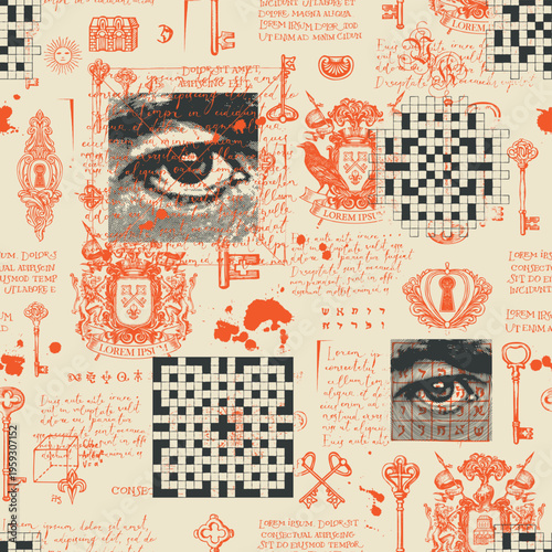 Vector seamless pattern or hand-drawn background with vintage medieval knightly coats of arms, ancient keys, human eye, crossword and lorem ipsum text. Wallpaper themed on ancient states and empires. 