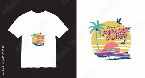La tropical paradise chaser boat and palm trees retro design