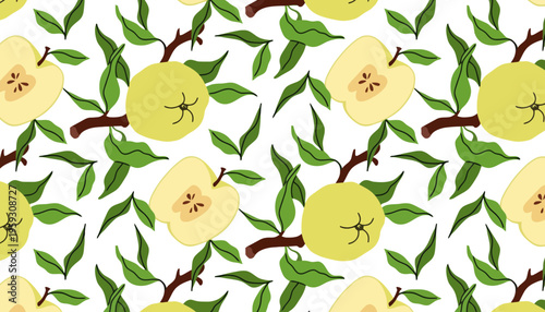 Apple seamless pattern with green leaves and branches on white background