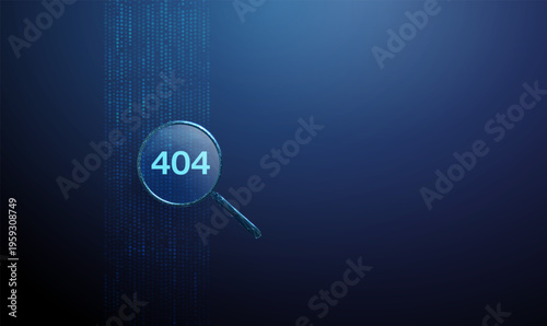 Magnifying glass with error 404 inside in data stream. Error detection, website monitoring, digital troubleshooting, network analysis, cybersecurity alert concept.