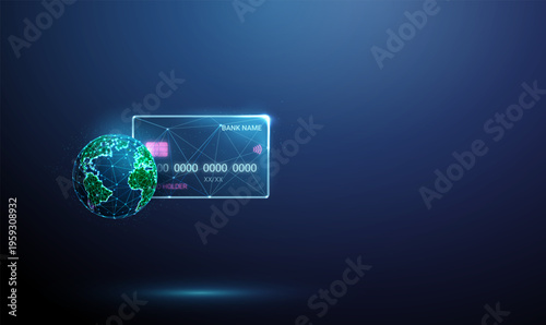 3d neon bank card with globe. Global payments, international transactions, worldwide digital finance, global fintech solutions, international money transfer concept.