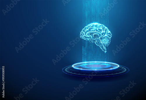 Blue 3d human brain on futuristic podium in data stream. AI, neuroscience research, advanced healthcare technology, human intelligence innovation concept.