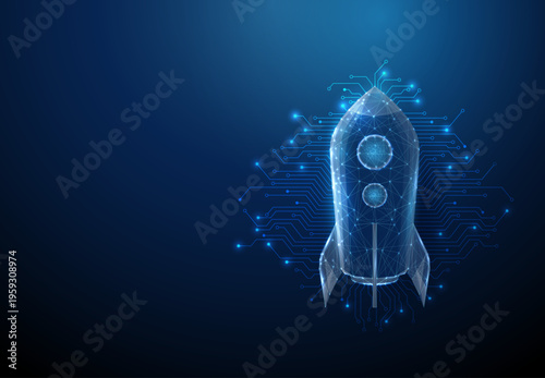 3d rocket with circuit lines. Innovation, technology, startup growth, digital transformation, high-tech, space technology, digital progress concept.