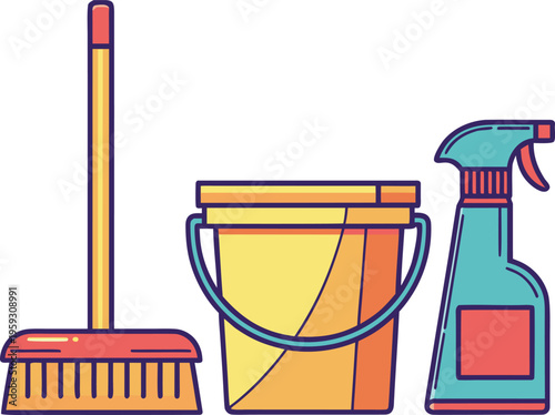 Household Cleaning Tools Set. Home Cleaning Supplies Collection. Cleaning Equipment Arrangement Set. Sanitation Cleaning Tools Collection. Domestic Cleaning Supplies Set. Cleaning Service Equipment