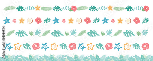 トロピカルな夏の飾り罫・ライン・帯_葉、花、果物など南国ビーチの植物イメージ